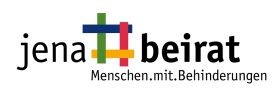 Logo aus buntem Rautezeichen und Schriftzug Jena Beirat Menschen.mit.Behinderungen