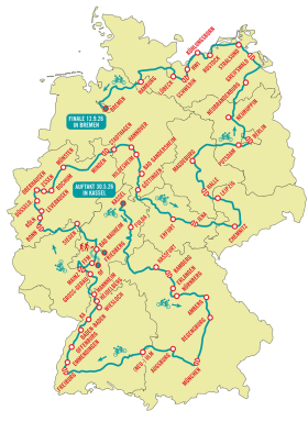 Karte mit Streckenverlauf der MUT Tour quer durch Deutschland