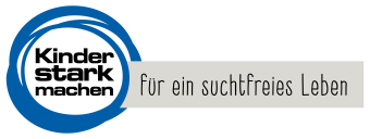Logo mit blauem Kreis, innen Text Kinder stark machen