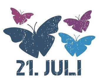 4 bunte Schmetterlinge und der Schriftzug 21. Juli