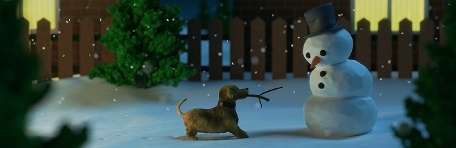 Hund mit Stock fordert Schneemnn zum Spielen auf