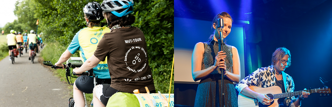 links mehrere Tandems von hinten, rechts eine Sängerin am Mikrofon neben einem Gitarristen